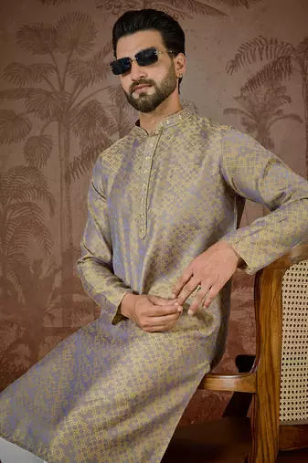 Mens grey jacquard geometric embroidered kurta
