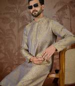 Mens grey jacquard geometric embroidered kurta