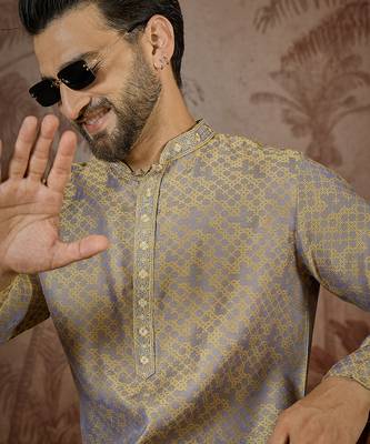 Mens grey jacquard geometric embroidered kurta 1