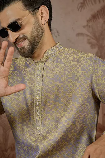 Mens grey jacquard geometric embroidered kurta