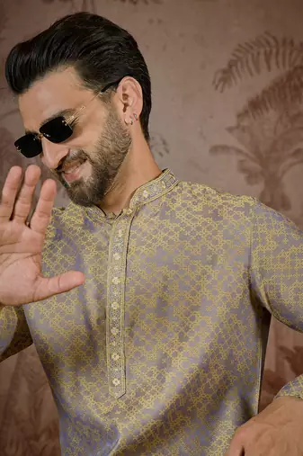 Mens grey jacquard geometric embroidered kurta