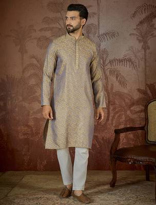 Mens grey jacquard geometric embroidered kurta 2
