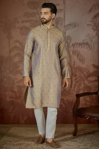 Mens grey jacquard geometric embroidered kurta