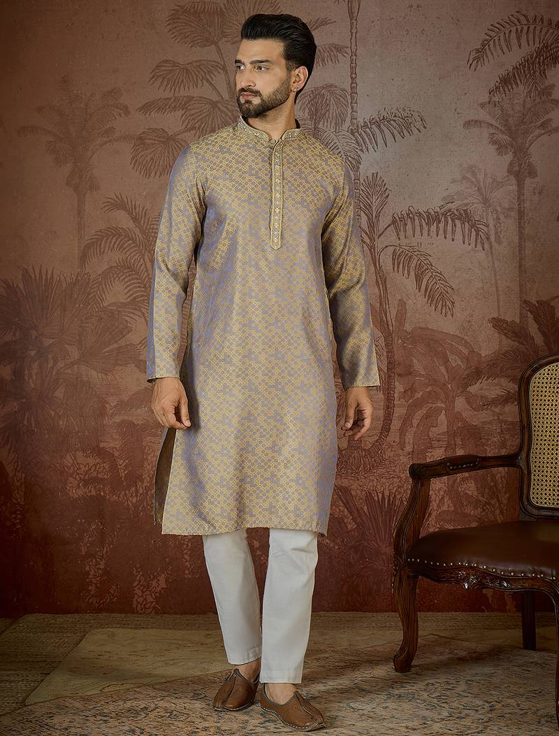 Mens grey jacquard geometric embroidered kurta