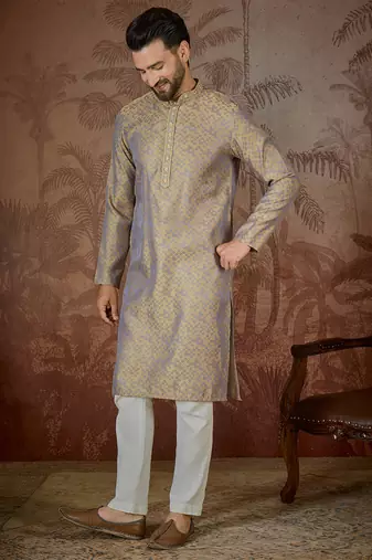 Mens grey jacquard geometric embroidered kurta