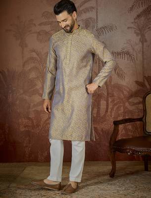 Mens grey jacquard geometric embroidered kurta 3