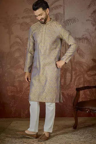 Mens grey jacquard geometric embroidered kurta