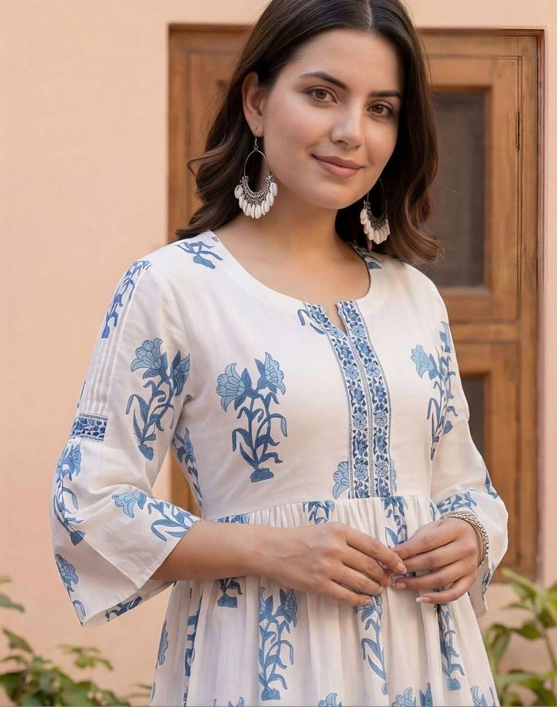 Women Floral Printed Empire Thread Work Pure Cotton Kurta with Palazzos