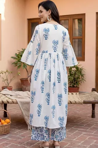 Women Floral Printed Empire Thread Work Pure Cotton Kurta with Palazzos