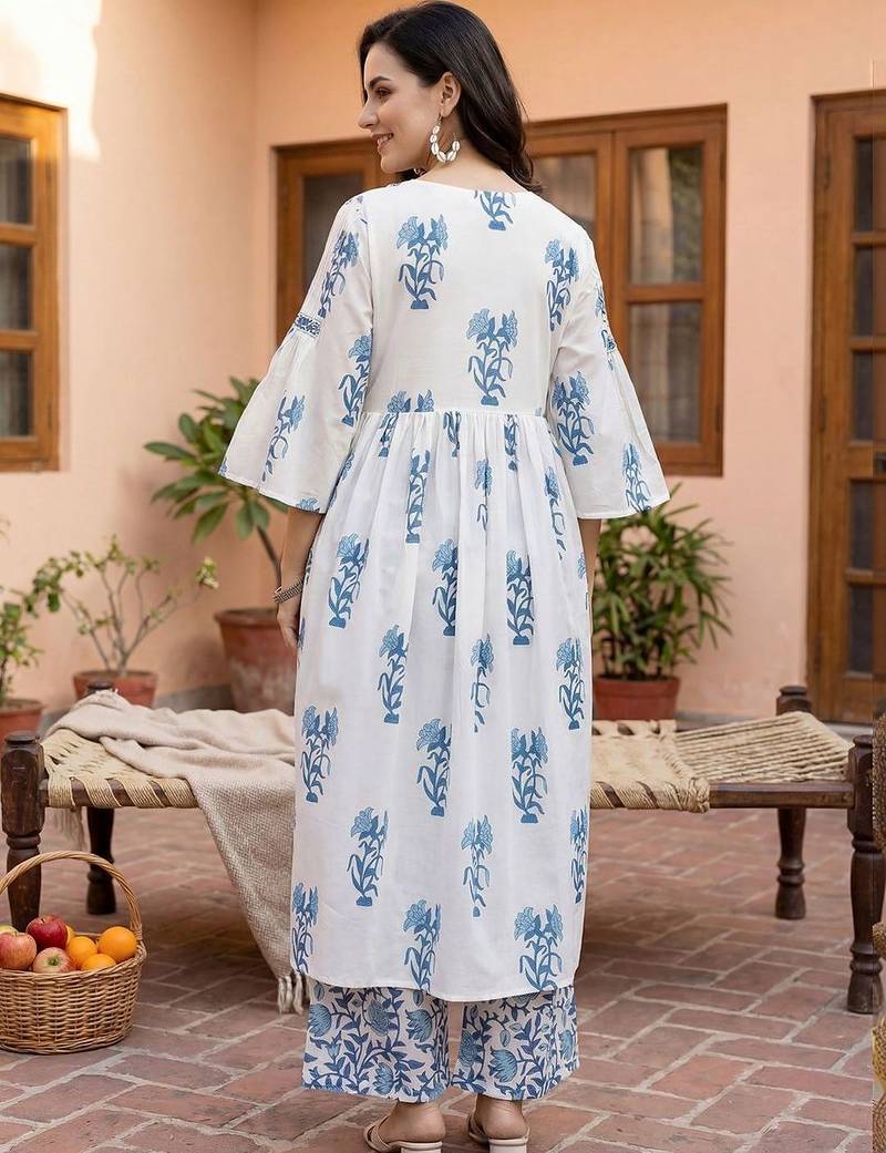 Women Floral Printed Empire Thread Work Pure Cotton Kurta with Palazzos