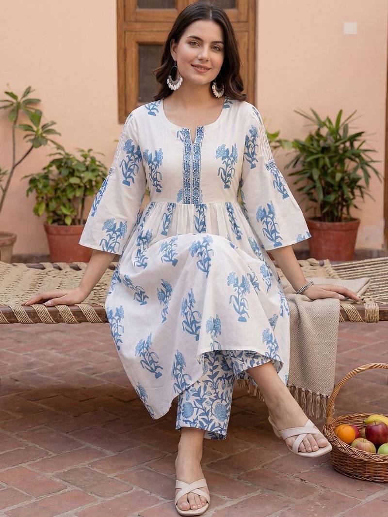 Women Floral Printed Empire Thread Work Pure Cotton Kurta with Palazzos