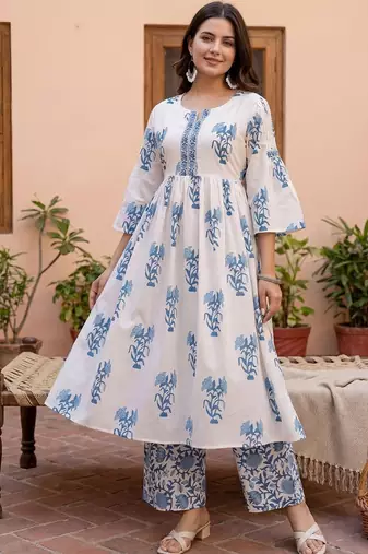 Women Floral Printed Empire Thread Work Pure Cotton Kurta with Palazzos