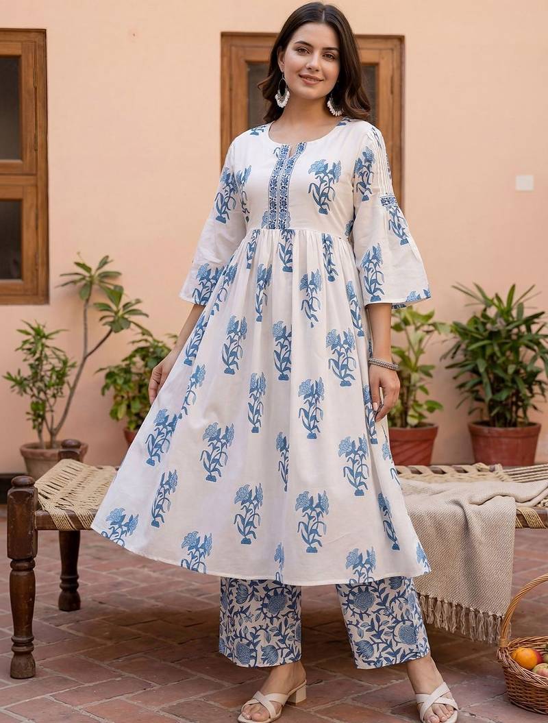 Women Floral Printed Empire Thread Work Pure Cotton Kurta with Palazzos