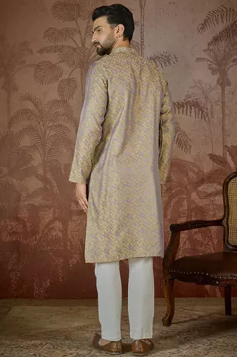 Mens grey jacquard geometric embroidered kurta