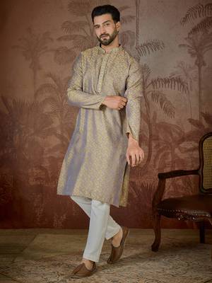 Mens grey jacquard geometric embroidered kurta 5
