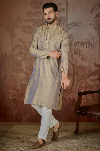 Mens grey jacquard geometric embroidered kurta