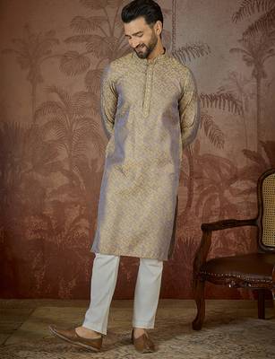 Mens grey jacquard geometric embroidered kurta 5