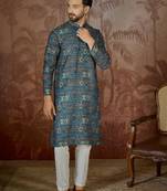 Mens multi linen geometric printed kurta with trouser