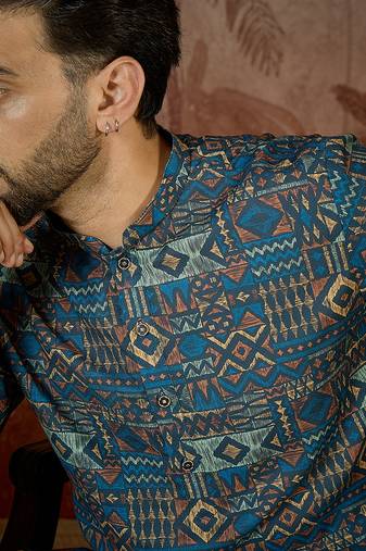 Mens multi linen geometric printed kurta with trouser