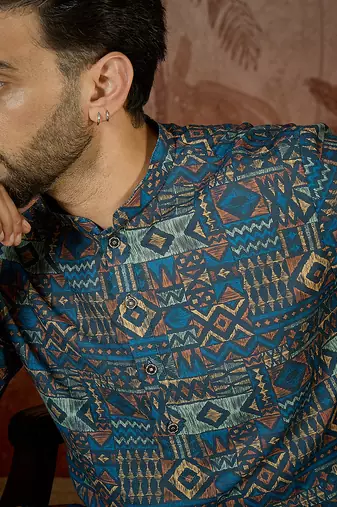 Mens multi linen geometric printed kurta with trouser