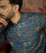 Mens multi linen geometric printed kurta with trouser
