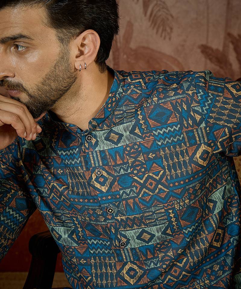 Mens multi linen geometric printed kurta with trouser