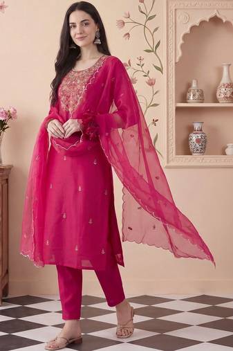 Women Ethnic Motifs Embroidered Regular Thread Work Kurta with Trousers & With Dupatta