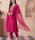 Women Ethnic Motifs Embroidered Regular Thread Work Kurta with Trousers & With Dupatta