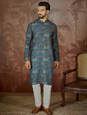 Mens multi linen geometric printed kurta with trouser 2