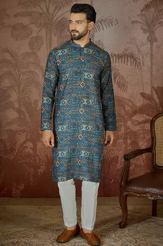 Mens multi linen geometric printed kurta with trouser