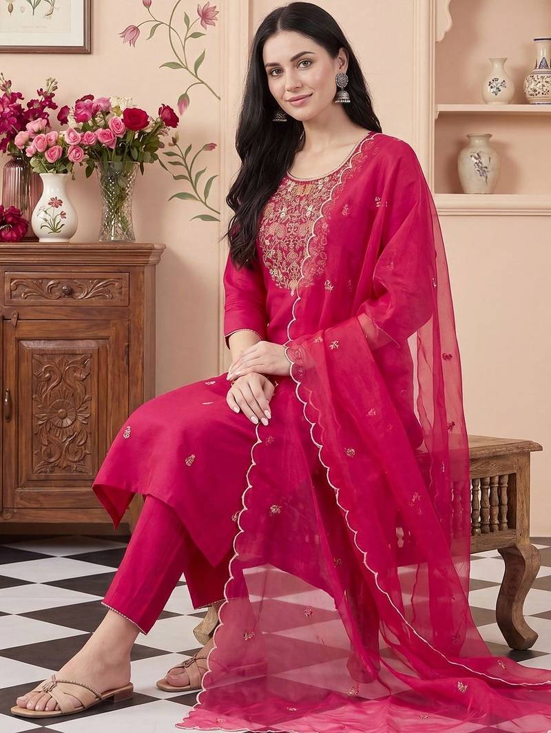 Women Ethnic Motifs Embroidered Regular Thread Work Kurta with Trousers & With Dupatta