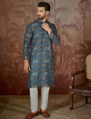 Mens multi linen geometric printed kurta with trouser 3