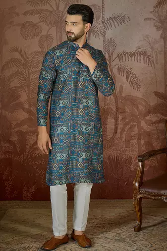 Mens multi linen geometric printed kurta with trouser
