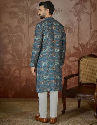 Mens multi linen geometric printed kurta with trouser 4