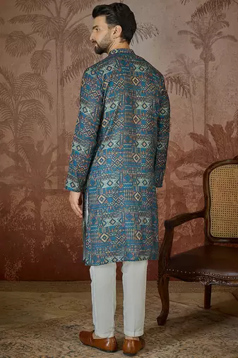 Mens multi linen geometric printed kurta with trouser