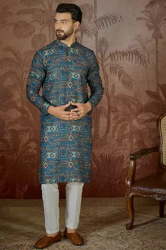Mens multi linen geometric printed kurta with trouser