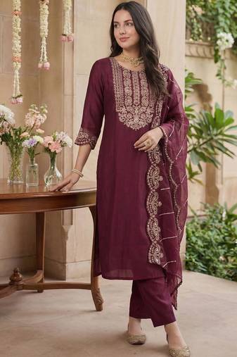 Women Ethnic Motifs Embroidered Regular Thread Work Liva Kurta with Trousers & With Dupatta