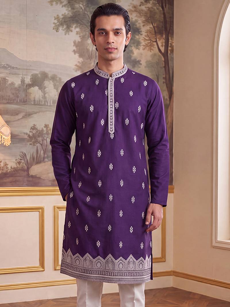 Mens violet silk blend solid embroidered kurta with trouser