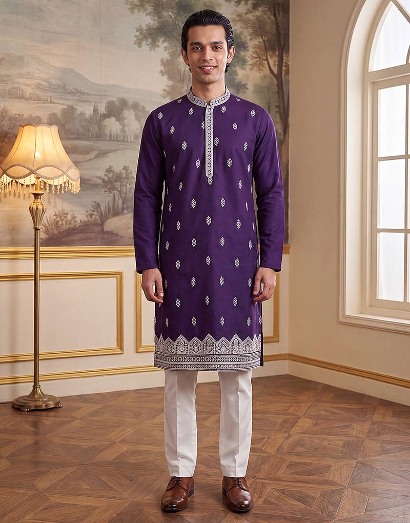Mens violet silk blend solid embroidered kurta with trouser