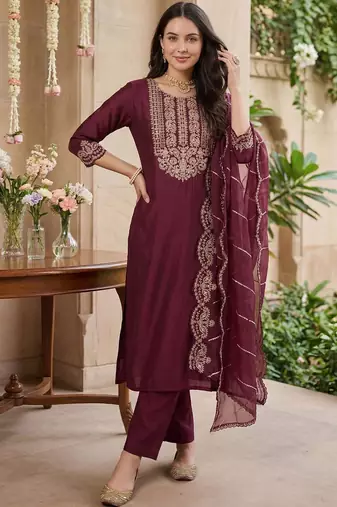 Women Ethnic Motifs Embroidered Regular Thread Work Liva Kurta with Trousers & With Dupatta