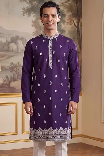 Mens violet silk blend solid embroidered kurta with trouser