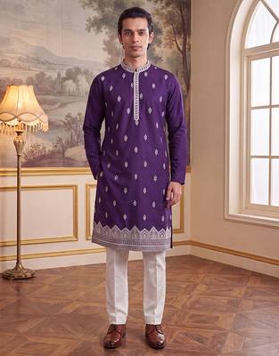 Mens violet silk blend solid embroidered kurta with trouser 3