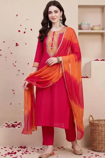 Women Ethnic Motifs Embroidered Regular Thread Work Kurta with Trousers & With Dupatta