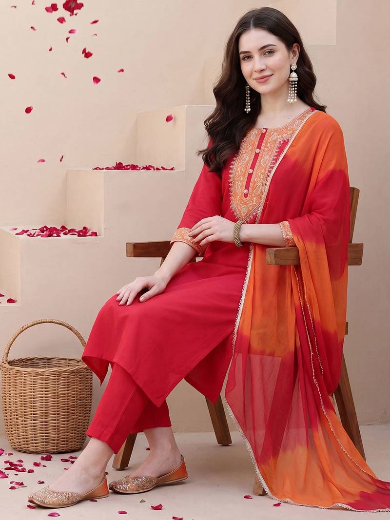 Women Ethnic Motifs Embroidered Regular Thread Work Kurta with Trousers & With Dupatta