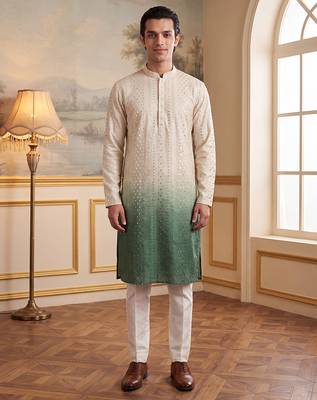 Mens green silk blend solid embroidered kurta with trouser 1