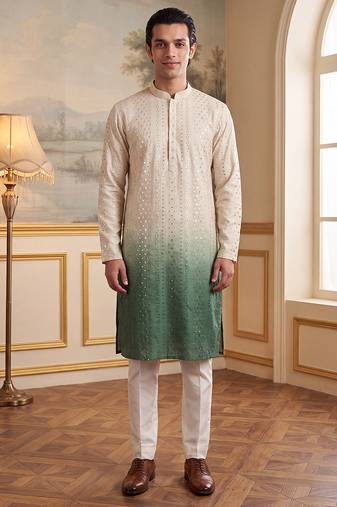 Mens green silk blend solid embroidered kurta with trouser