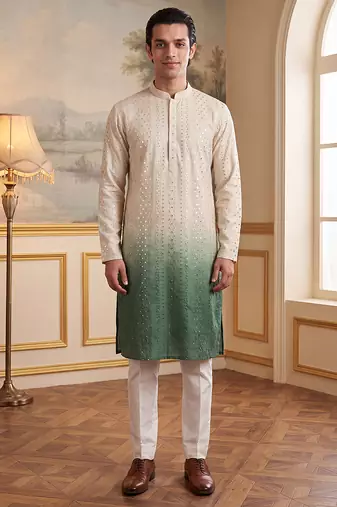 Mens green silk blend solid embroidered kurta with trouser