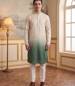 Mens green silk blend solid embroidered kurta with trouser