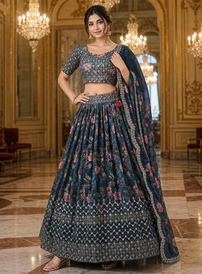 Digital Floral Print Faux Georget Multi Sequnce Work Lehenga Choli With Unstitched Blouse and Stitched Dupatta 1