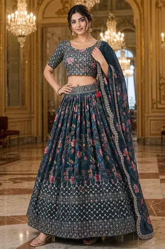 Digital Floral Print Faux Georget Multi Sequnce Work Lehenga Choli With Unstitched Blouse and Stitched Dupatta